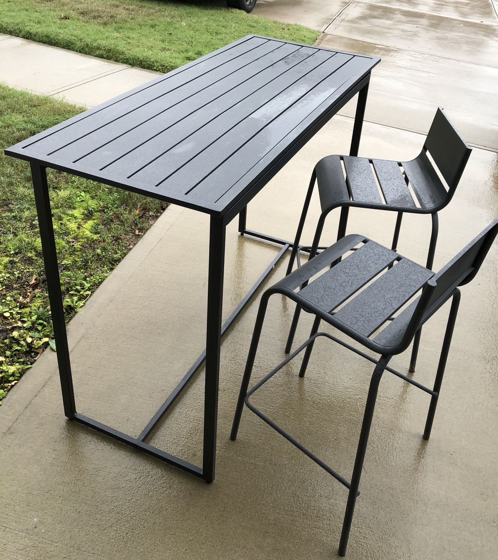 Crosby St. Grammercy Black Steel Slat Patio Bar Table and 2 Matching Bar Stools: