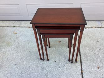 Bombay nesting tables measurements are  Large 23L-16D-26T  Medium 19L-24D-23.5T   Small15.5 L-13D-21.25T They fit well together