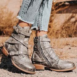 Freebird by Steven Raine Ice Gray Strappy Biker Moto Ankle Boots Size 8