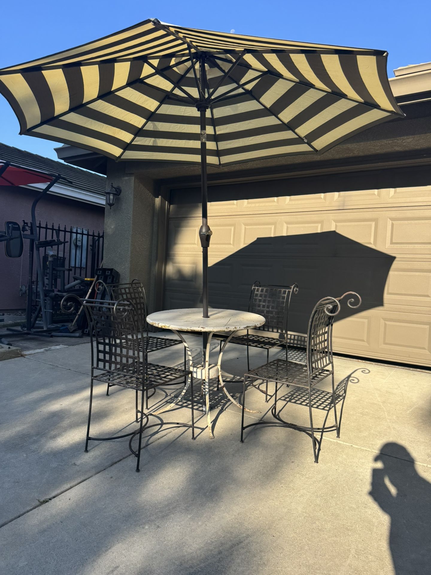 Metal Patio Set ,With Ethan Allen Wrought Iron Basket Chairs And Umbrella