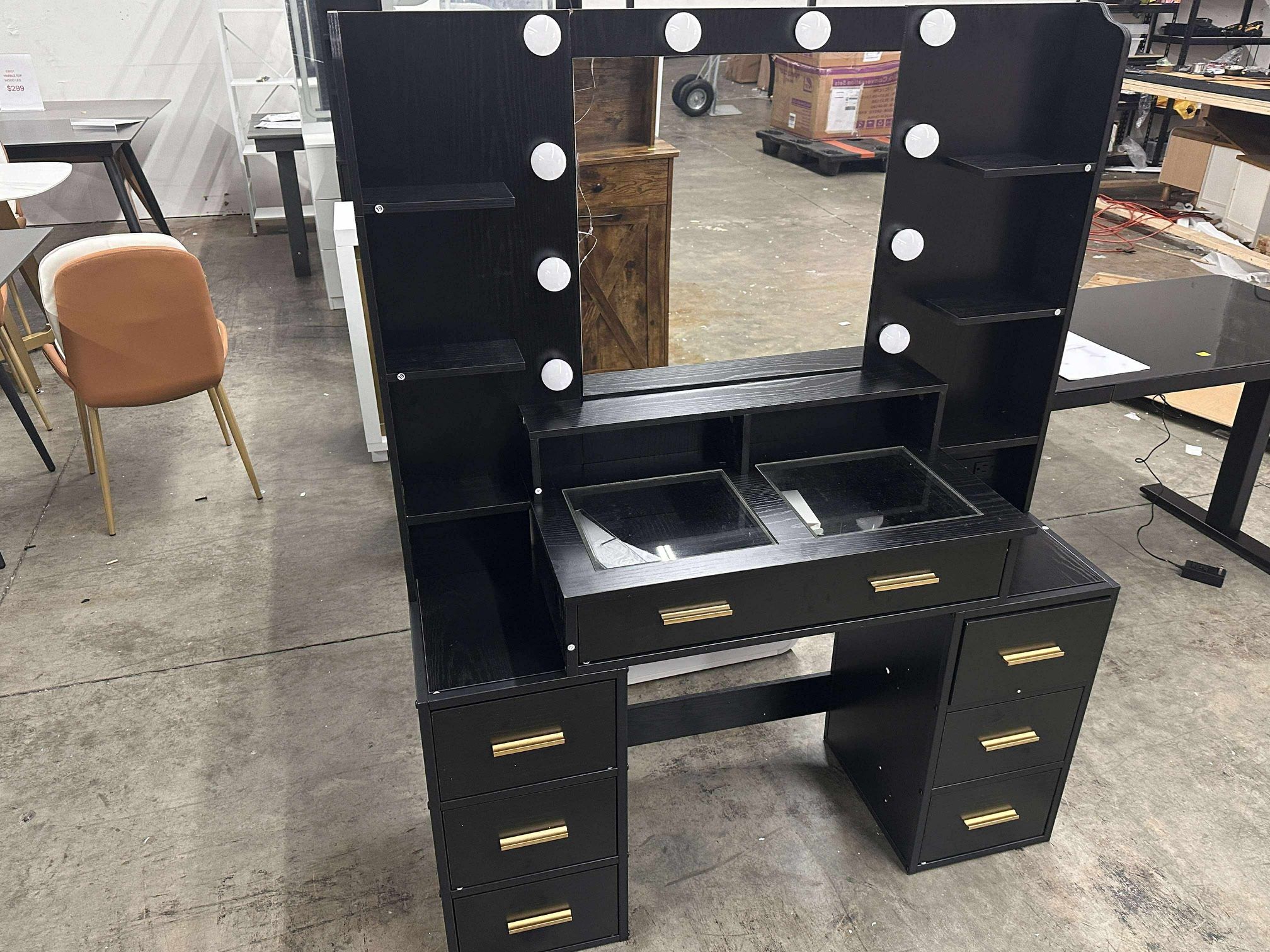 Vanity Desk with Mirror and Lights & Glass Top,Black(damage