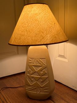 Vintage Mid-Century Southwestern Ceramic Geometric Carved Pottery Table Lamp