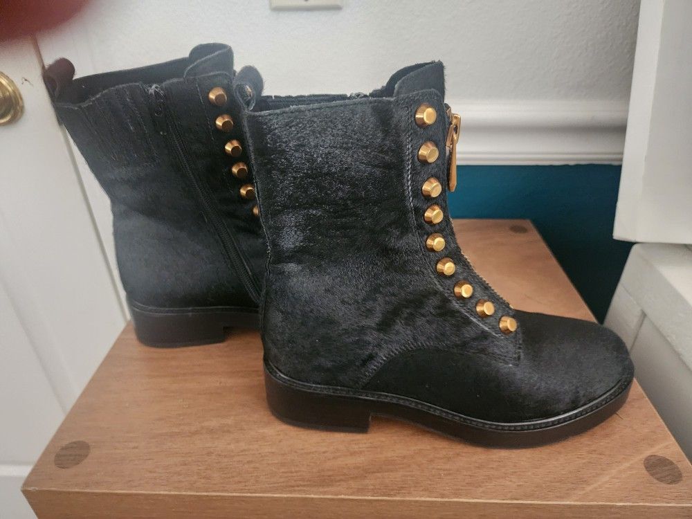 Jeffery Campbell Tonette Black Calf Hair Studded Zip Combat Boots