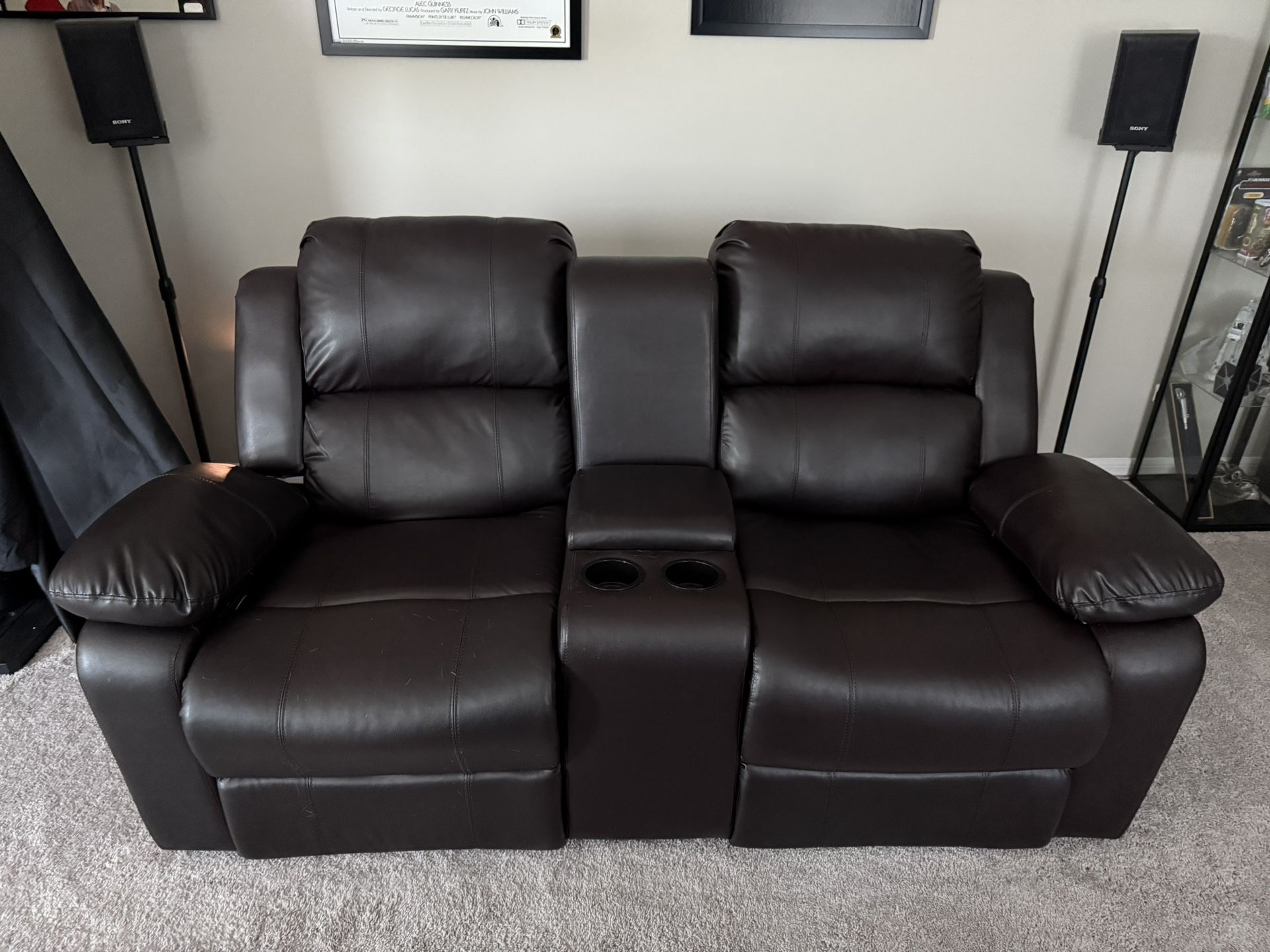 Dual Seat Recliner with Center Console Faux Leather