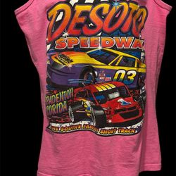 Vtg Desoto Speedway Double Sided Graphic Tank Top Women’s. Anvil, 100% Cotton. Size Medium.   Desktop Speedway, South’s Fastest Short Track, Bradenton