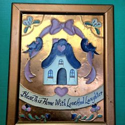 Vintage Tin Punch Framed Folk Art " Bless This Home With Love And Laughter " 13.5"×16"