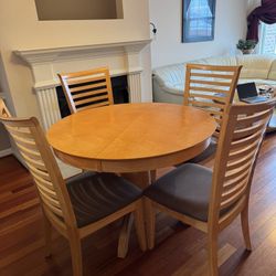 Round Dining Table + 4 Chairs — Light Wood — Leaf Included