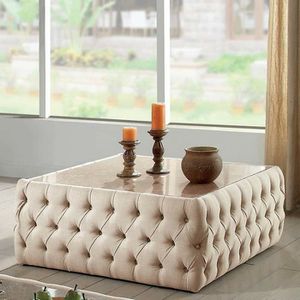 Photo BEIGE Faux Marble Top Button Tufted Beige Fabric COFFEE CENTER TABLE