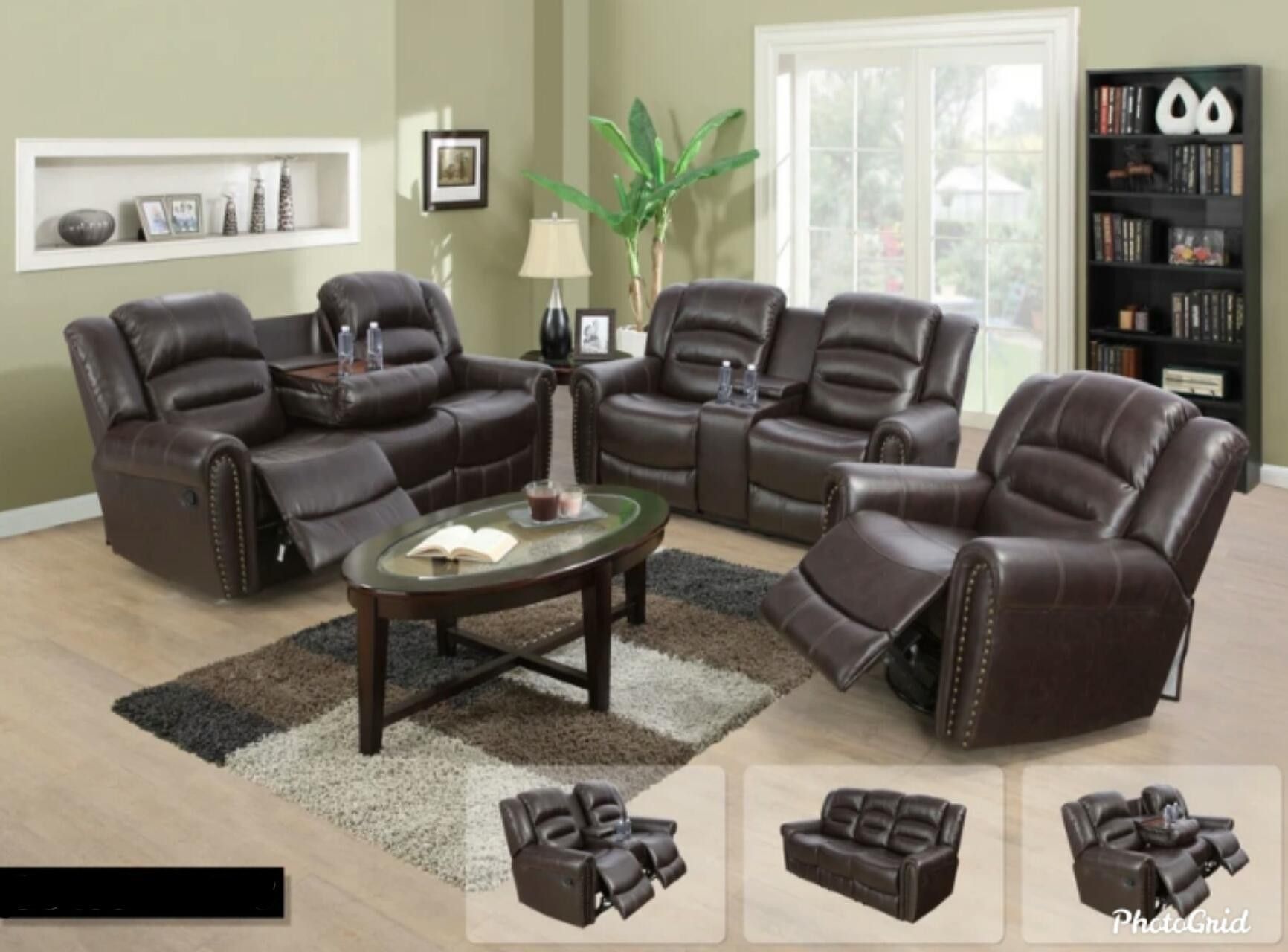 Brand New Brown Leather 3pc Reclining Set W/ Nail Head Trim,Built In Cup Holders , Storage Compartment & Drop Down Table