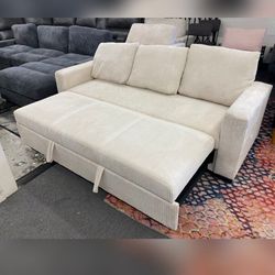 Beige corduroy sleeper sofa with pull out bed 