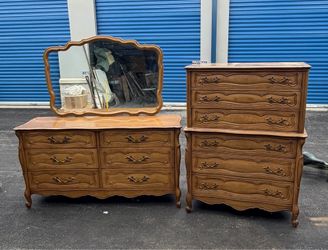 Vintage French Provincial Bedroom Set – Dresser, Mirror & High Chest