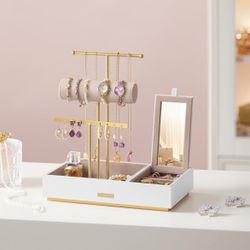 Jewelry Holder, Jewelry Organizer, Jewelry Display Stand, Metal Earring Organizer with Mirror, with Necklace Earring Bracelet Holder, for Rings, Gift 