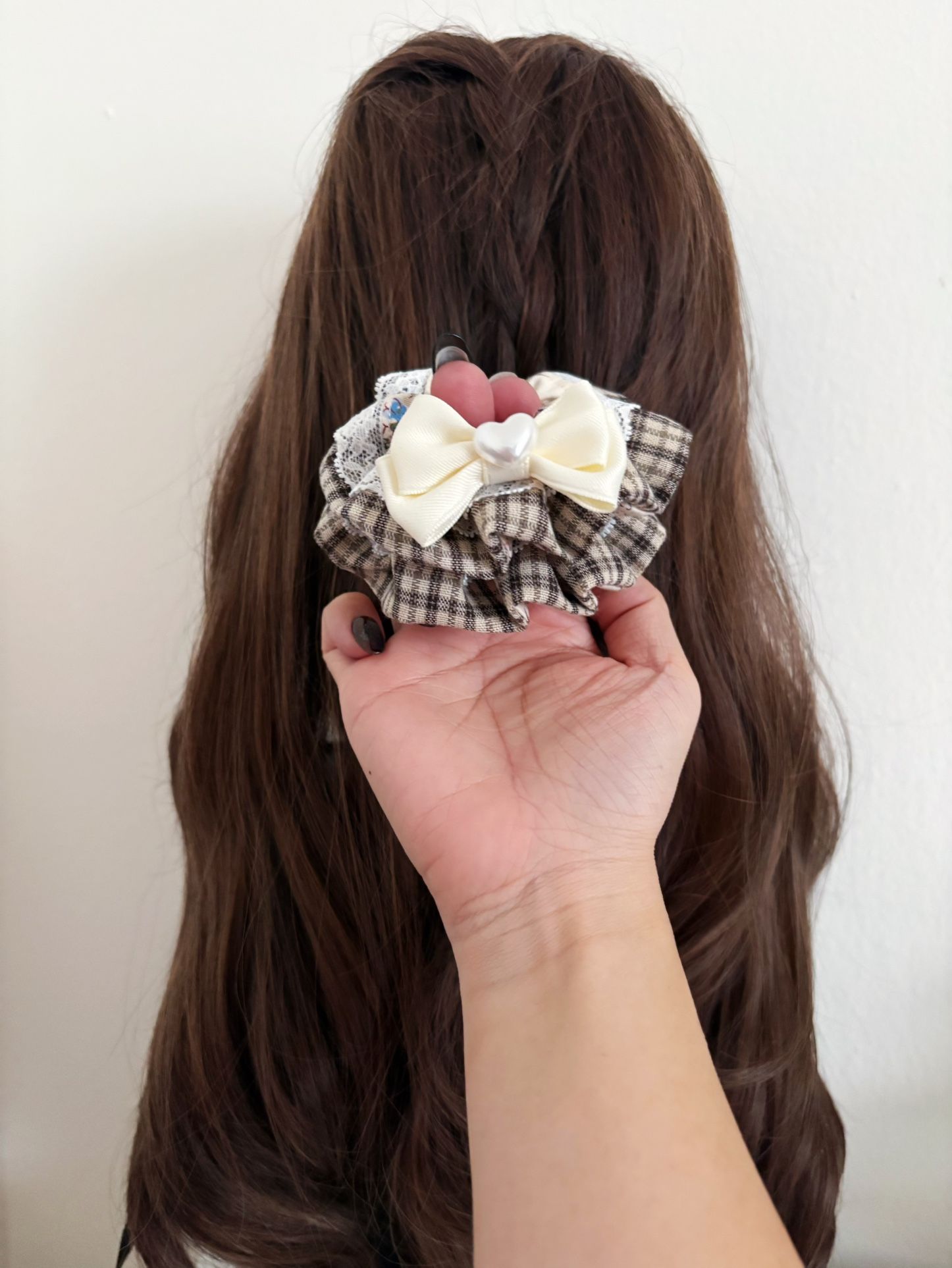 Ribbon brown/beige color with flowers scrunchie/hair tie