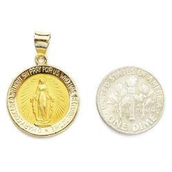 14K Yellow Gold Round Virgin Mary Miraculous Medal Charm Necklace Pendant