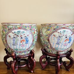 Pair of Vintage Chinese Famille Rose Fish Bowl Planters w/ Wood Stands – Hand-Painted Koi & Lotus – Qianlong Mark