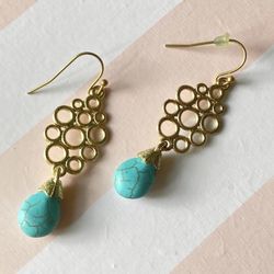 Gold Tone Faux Turquoise Fish Hook Earrings 