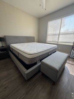 King bed frame with mattress, box spring and storage ottoman