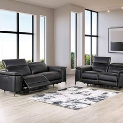 Brand New Black Leather Modern Style Power Reclining Sofa & Loveseat 