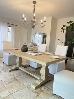 PENDING SALE  ♥️TRESTLE DINING TABLE ONLY. W/ CUSTOM GLASS TOP TABLE, CHAIRS ARE NOT FOR SALE.POTTERY BARN INSPIRED.