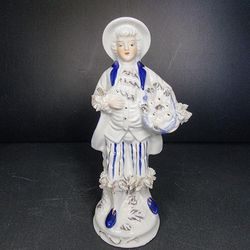 Vintage Taiwan Blue and White Gentlemen Porcelain Figure