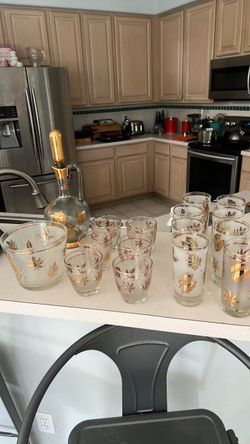 Vintage Gold Leaf Libby Glassware Set with Decanter