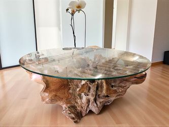 Teakroot Solid Branches Base With Glass Top 42" Coffee Table 