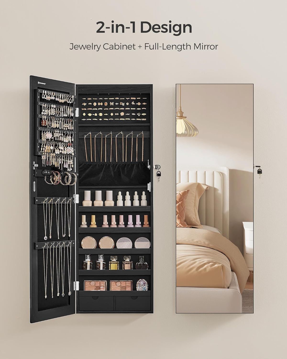 Hanging Jewelry Cabinet, Wall-Mounted Cabinet with LED Interior Lights, Door-Mounted Jewelry Organizer, Full-Length Mirror, Gift Idea, Ink Black