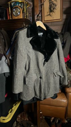 Gray Tweed Coat with Black Faux Fur Collar