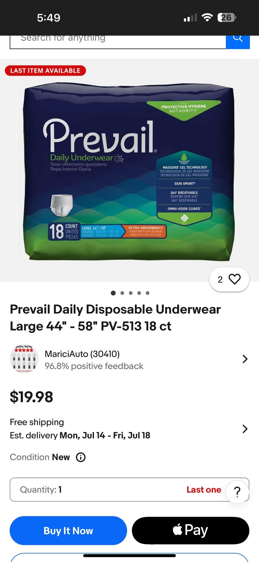 New Prevail Daily Disposable Underwear Large Extra 18 Ct Packs