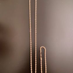 Gold Chain Rope Chain 24in 4mm And Rope Bracelet 8in 4mm Set 