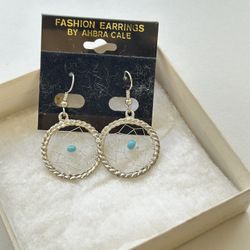 Vintage Boho Dreamcatcher Earrings – Silver Tone with Turquoise – Ahbra Cale