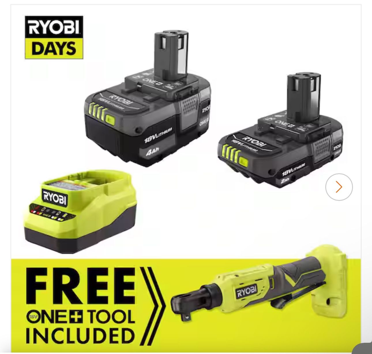 ONE+ 18V Cordless 3/8 in. Ratchet Kit with (1) 18V 2.0 Ah Battery, (1) 18V 4.0 Ah Battery, and Charger