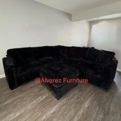 Black Corduroy Sectional Sofa With Ottoman