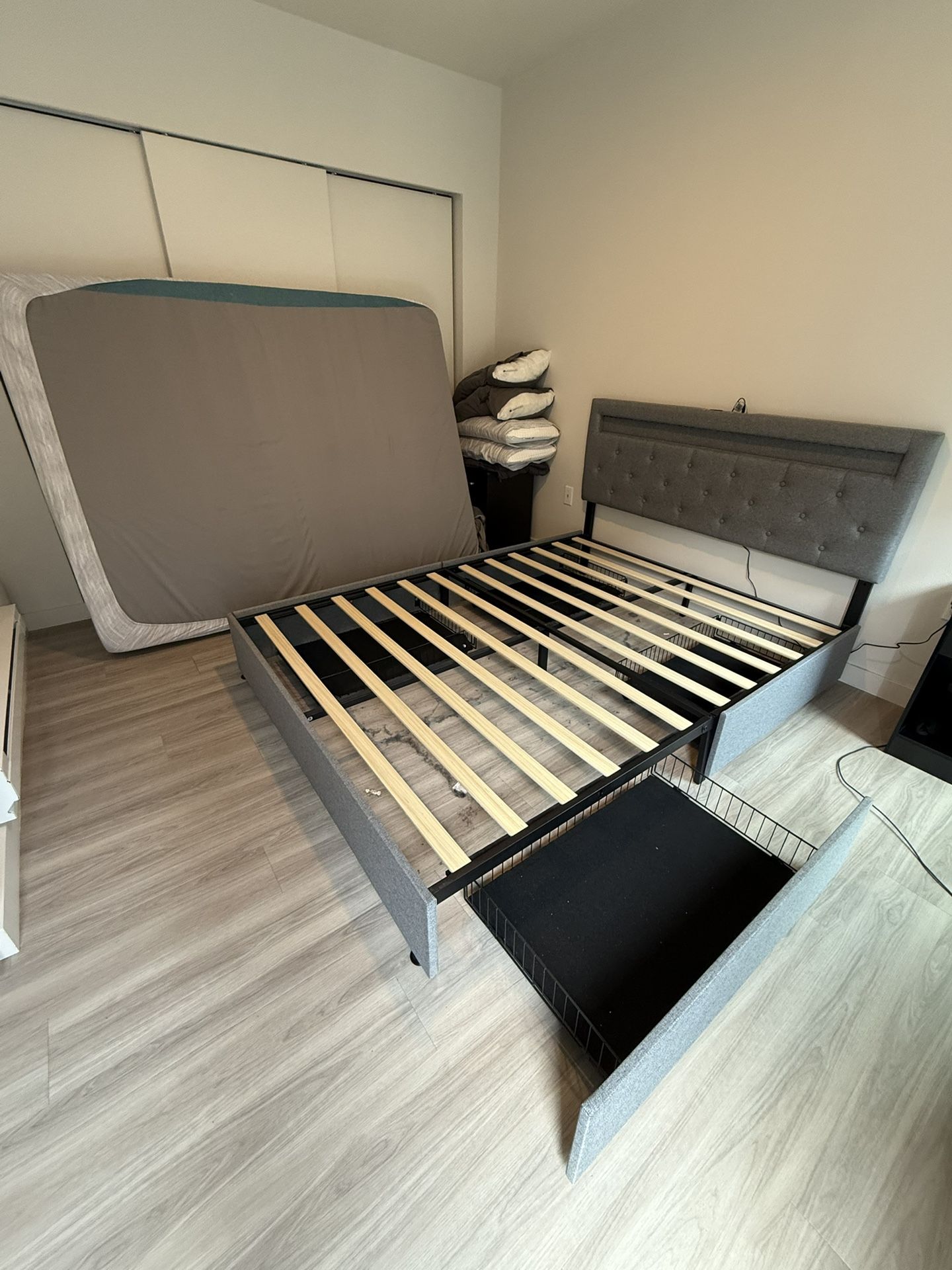 Upholstered Grey Bed Frame With Storage