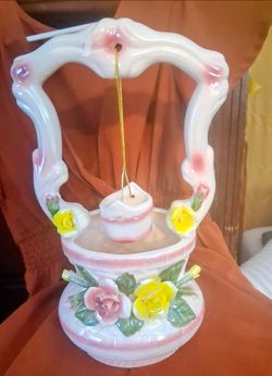 Ceramic Wishing Well Figurine with Floral Detail
