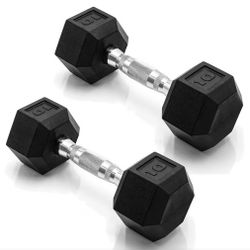 5 Lb Pair of Rubber Coated Hex Dumbbells Chrome Grurled Grips 