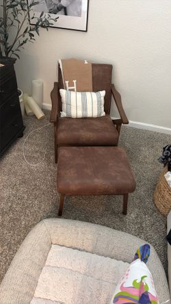 Brown Leather Accent Chair + Ottoman