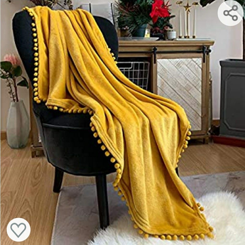 LOMAO Flannel Blanket with Pompom Fringe Lightweight Cozy Bed Blanket Soft Throw Blanket Suitable for All Season (Mustard Yellow, 30''x 40'')