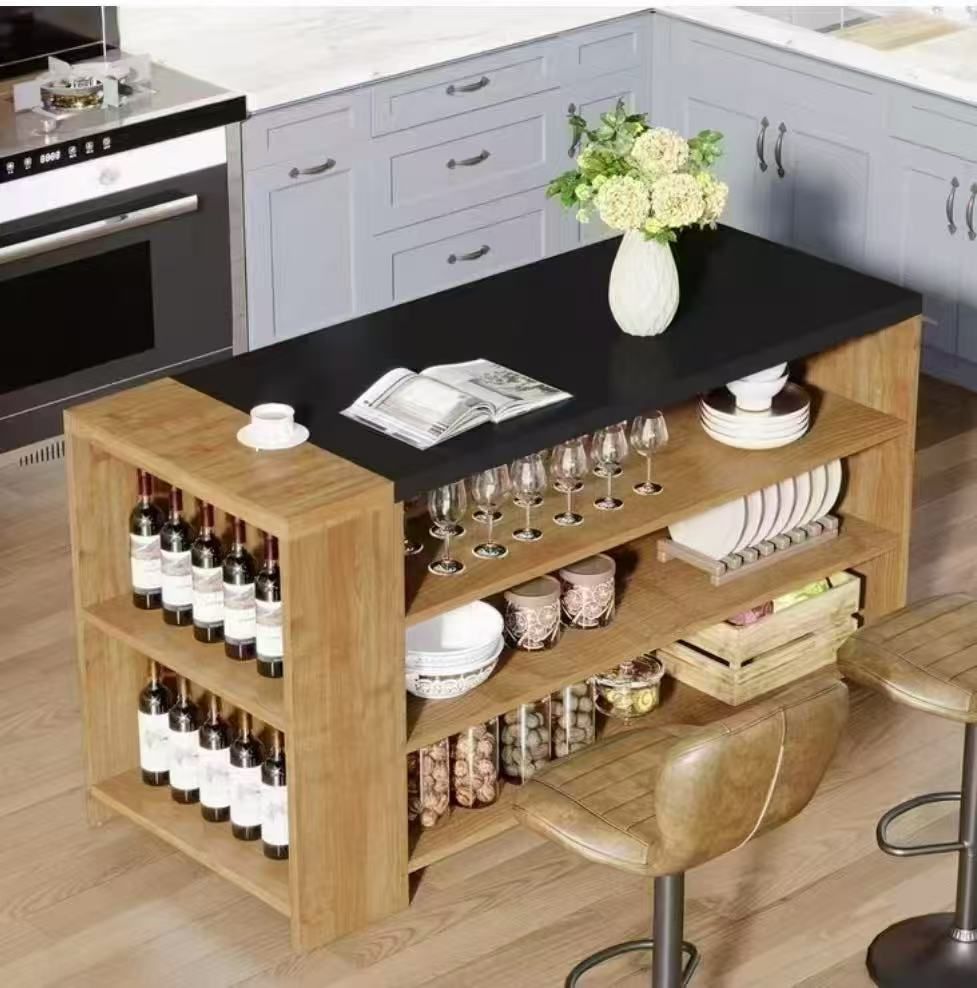 New assembled NY293 55" Kitchen Island with Storage, Farmhouse 5-Tier Stationary Island Table, Wood Coffee Bar Tabl with Large Countertop for Kitchen