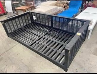 New Assembled Twin Size Outdoor Porch Swing Bed, Acacia Wood & Rattan Hanging Daybed with Ropes