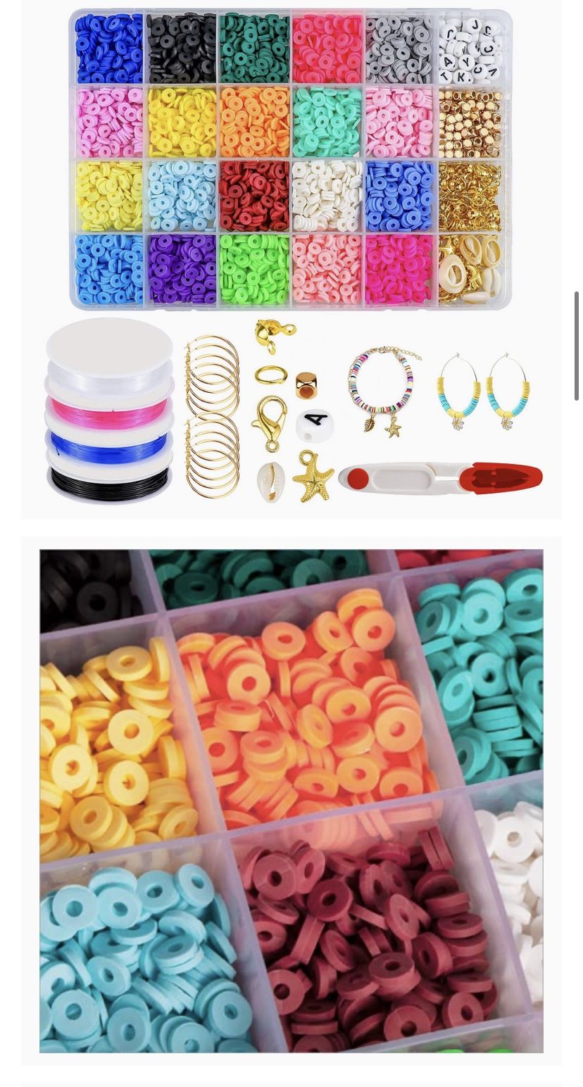 270 Pcs Clay Beads, 20 Color 6mm Flat Polymer Clay Spacer Beads with Pendant Charms Kit and 4 Roll Elastic Strings, Clay Beads for Jewelry Making Brac