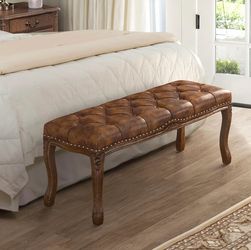 45.2" Yellowish Brown/French Vintage Leather Entryway Bench with Distressed Wood Legs