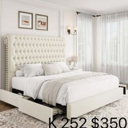 54.7" Tall Headboard Bed Frame, King Size Storage Bed with Tall Headboard, Tall Upholstered Bed with Footboard and Drawers, (252)