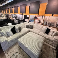 Ashley Stupendous Light Gray Oversized Fluffy Corduroy Sectional Couch 