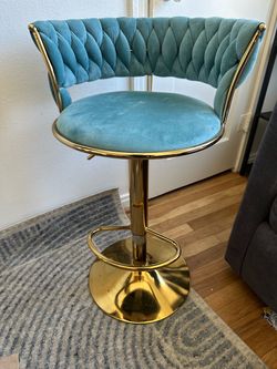 TWO (2) Teal Velvet Swivel Bar Stool Gold Base