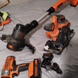 Black & Decker 20 Volt Lithium The New Series 3/8 Chuck Drill Six And A Half Inch Circular Saw Weed Eater Charger And Three Batteries