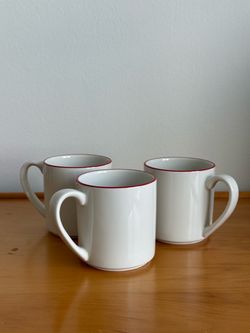 English Ceramic Mugs: White with Red Rim, "Made in England," Set of 3