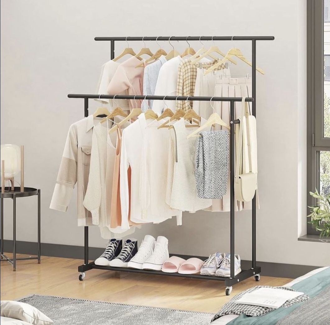 Calmootey Double Rod Clothing Garment Rack,Rolling Hanging Clothes Rack,Portable Clothes Organizer for Bedroom,Living Room,Clothing Store,Black
