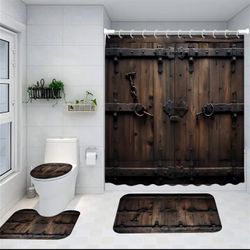 4pcs Wooden Door Pattern Shower Curtain Set, Waterproof Shower Curtain, Non-Slip Bath Rug, U-Shape Mat, Toilet Lid Cover Pad, Bathroom Sets Rugs Sho