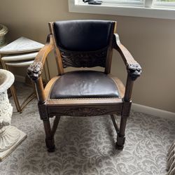Wood Carved Leather Chair